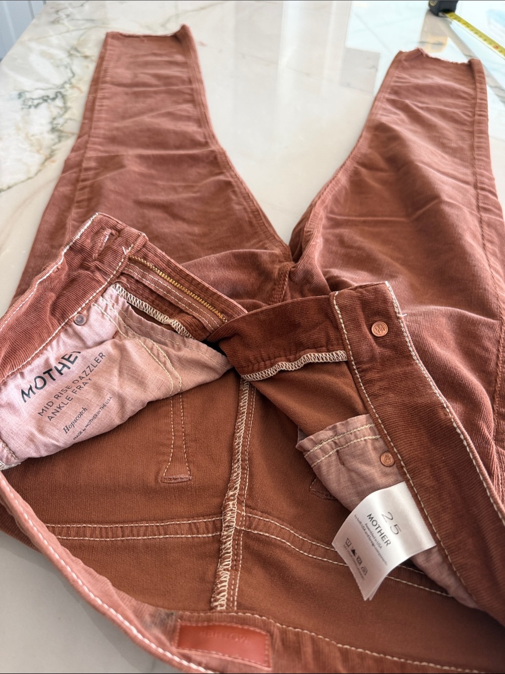 MOTHER Mid Rise Dazzler Ankle Fray Tapered Corduroy Jeans Hopscoth Rusty Brown